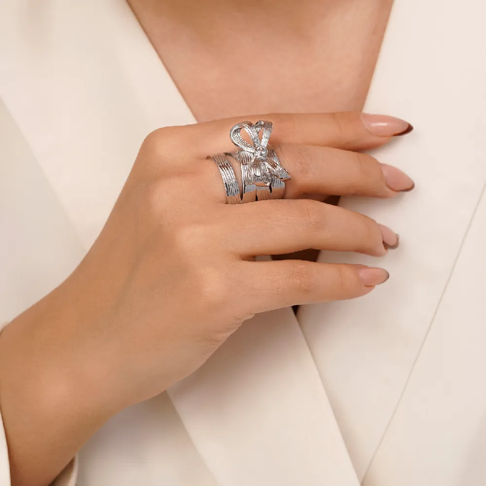 تصویر انگشتر پاپیون  نقره ای بدون نگین زنانه ysx (فری سایز)