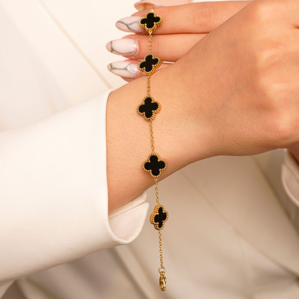 تصویر دستبند استیل304 (Van cleef) ون کلیف مشکی 13میل طلایی