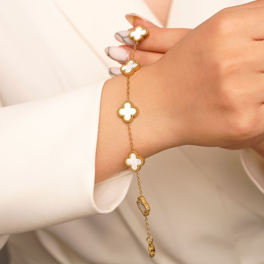 تصویر دستبند استیل304 (Van cleef) ون کلیف سفید 13میل طلایی