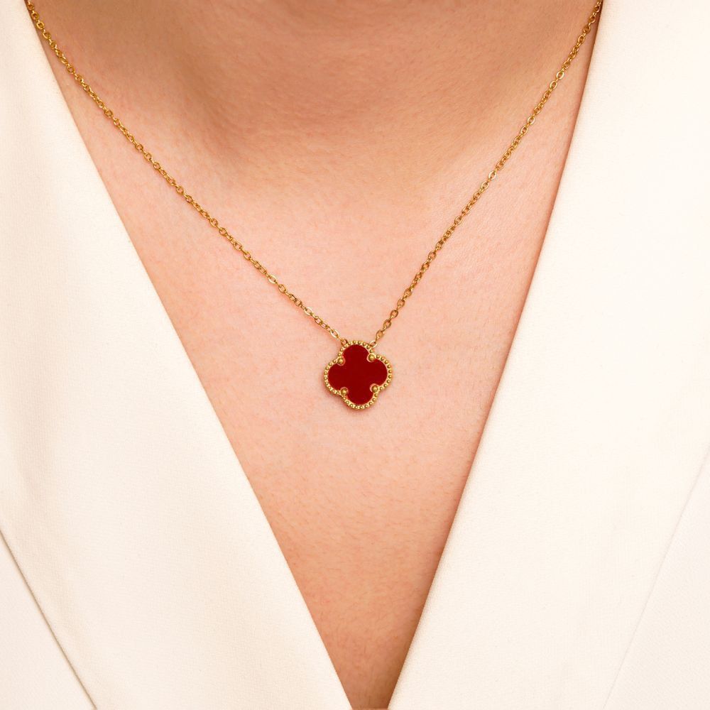 تصویر گردنبند استیل 304 ون کلیف (Van cleef) قرمز 15 میل طلایی