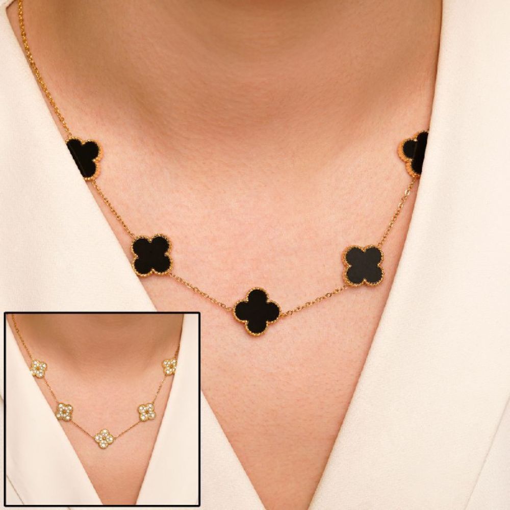 تصویر گردنبند استیل 304 (Van cleef) ون کلیف مشکی 15میل طلایی ( 2رنگ)