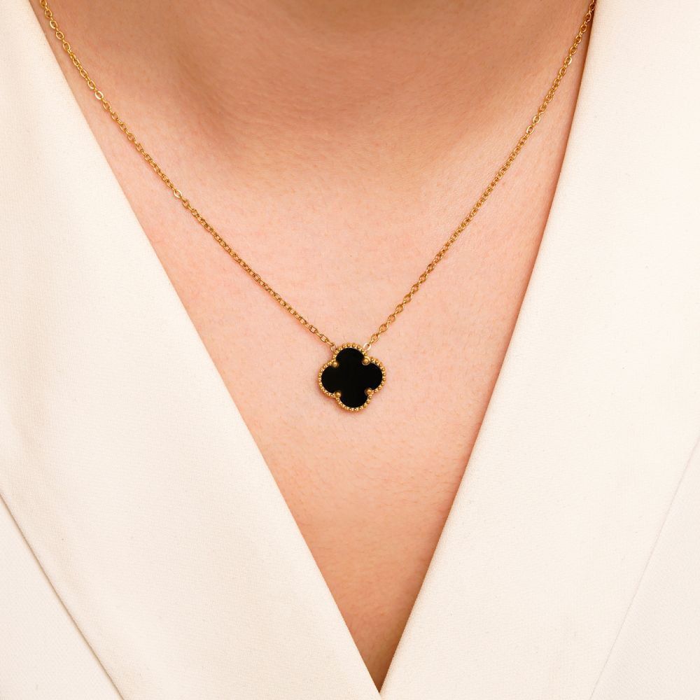 تصویر گردنبند استیل 304 ون کلیف (Van cleef) مشکی 15 میل طلایی