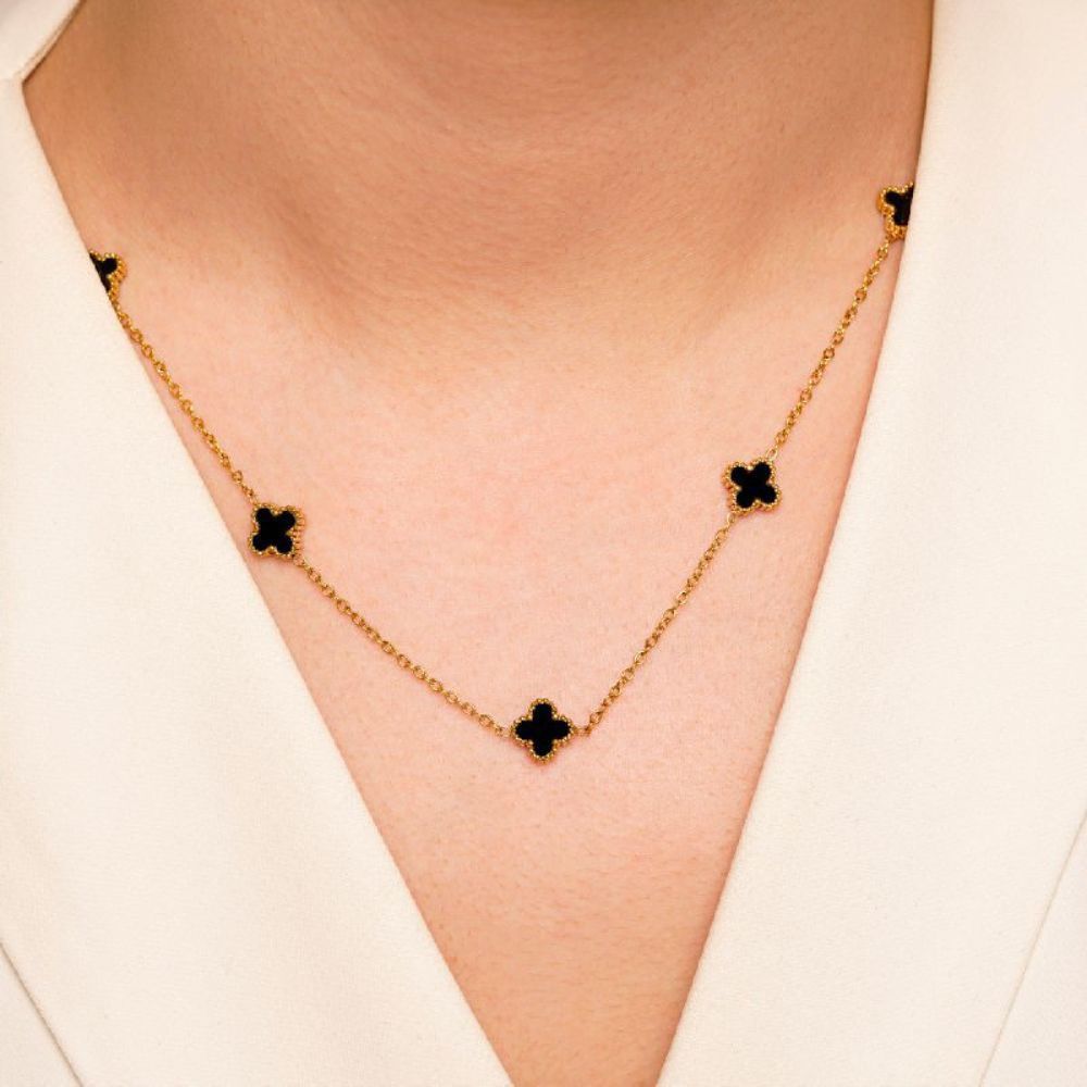 تصویر گردنبند استیل304 (Van cleef) ون کلیف مشکی 9 میل طلایی