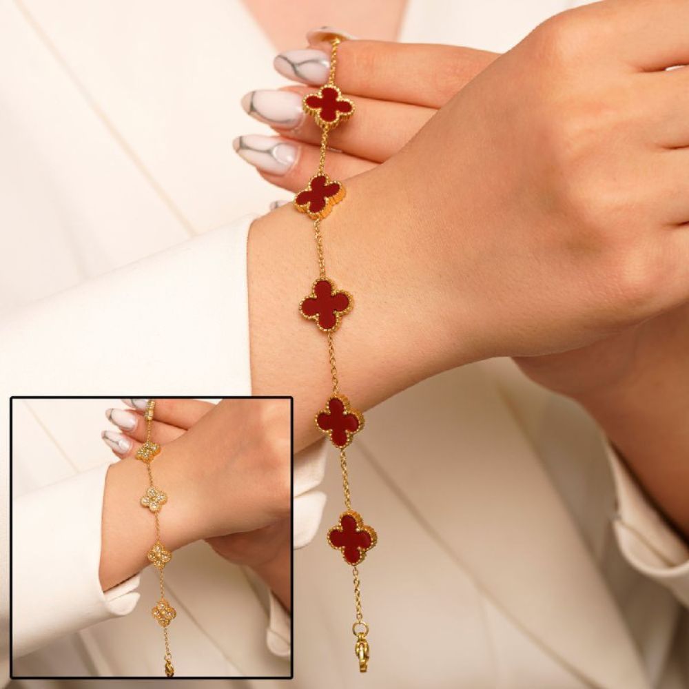تصویر دستبند استیل 304 (Van cleef) ون کلیف قرمز 13میل طلایی( 2رنگ)
