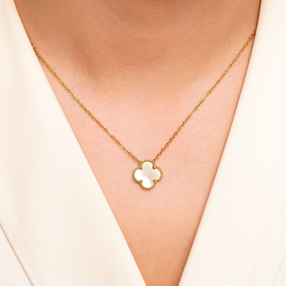 تصویر گردنبند استیل 304 ون کلیف (Van cleef) سفید 15 میل طلایی