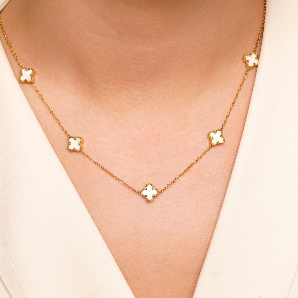 تصویر گردنبند استیل304 (Van cleef) ون کلیف سفید 9 میل طلایی