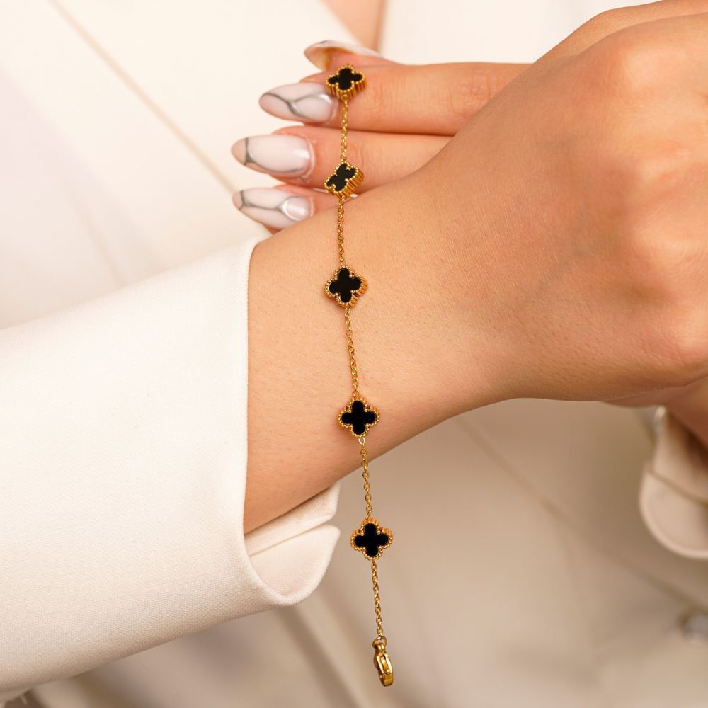 تصویر دستبند استیل304 (Van cleef) ون کلیف مشکی 9 میل طلایی