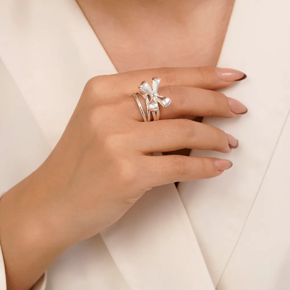 تصویر انگشتر پاپیون نقره ای بدون نگین ysx (فری سایز)