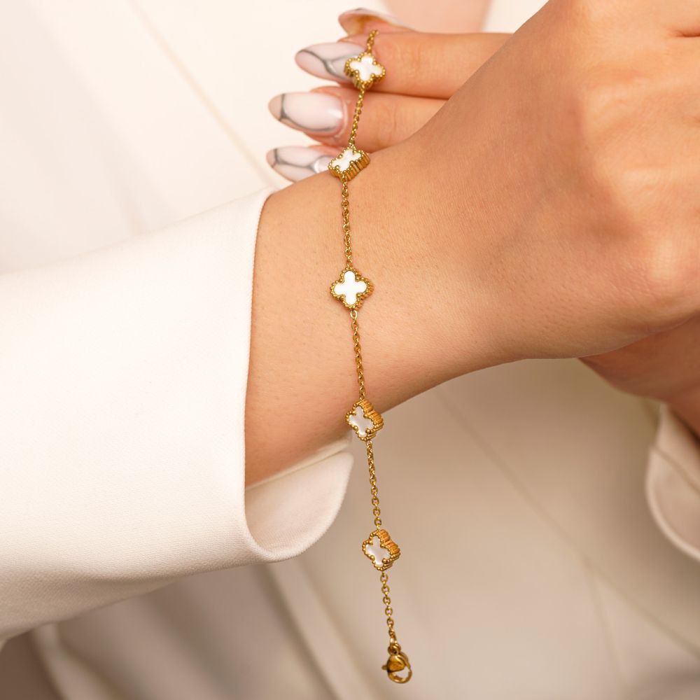 تصویر دستبند استیل304 (Van cleef) ون کلیف سفید 9 میل طلایی
