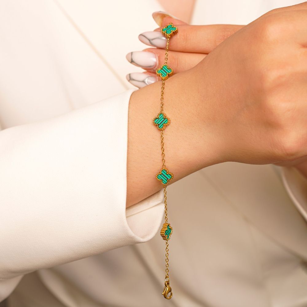 تصویر دستبند استیل304 (Van cleef) ون کلیف سبز 9 میل طلایی