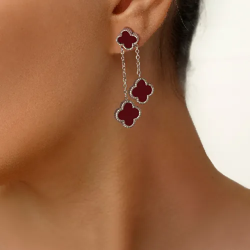 گوشواره استیل 304 ونکلیف زرشکی آویز دار سفید
