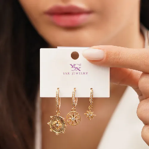 گوشواره نگین دار حلقه ای سه عددی طلایی YSX