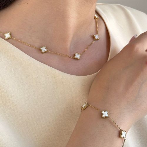 گردنبند استیل304 (Van cleef) ون کلیف سفید 9 میل طلایی