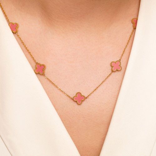 گردنبند استیل304 (Van cleef) ون کلیف صورتی 11 میل طلایی