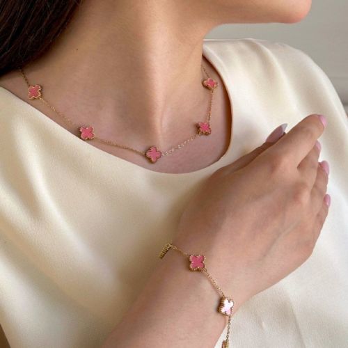 گردنبند استیل304 (Van cleef) ون کلیف صورتی 11 میل طلایی