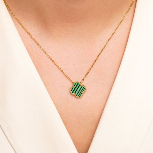 گردنبند استیل 304 ون کلیف (Van cleef) سبز 15 میل طلایی
