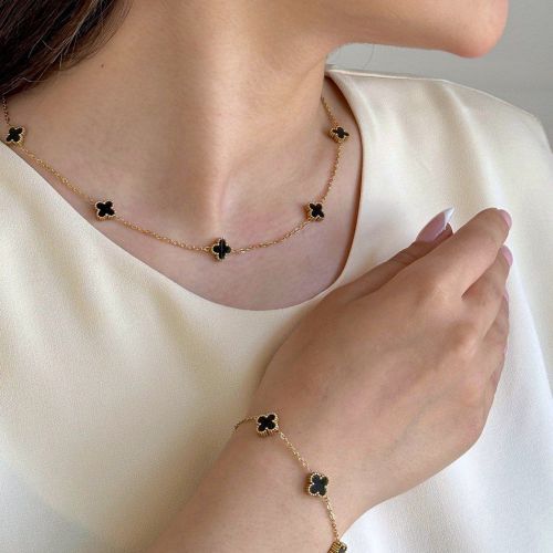 گردنبند استیل304 (Van cleef) ون کلیف مشکی 9 میل طلایی