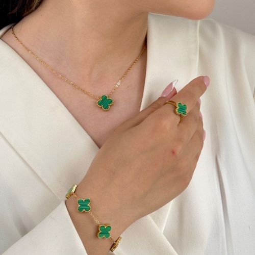 گردنبند استیل304 (Van cleef) ون کلیف سبز 15میل طلایی(تک پلاک)