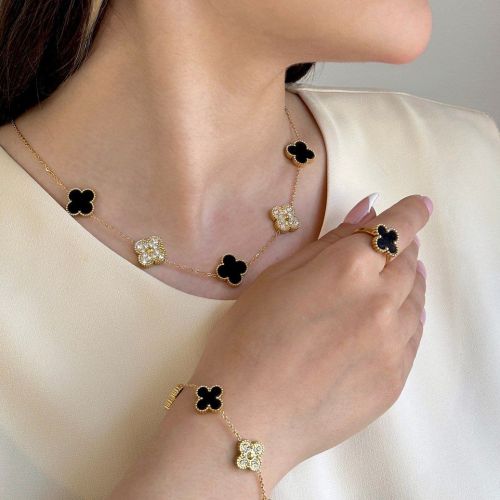 گردنبند استیل 304 (Van cleef) ون کلیف مشکی 15میل طلایی ( 2رنگ)